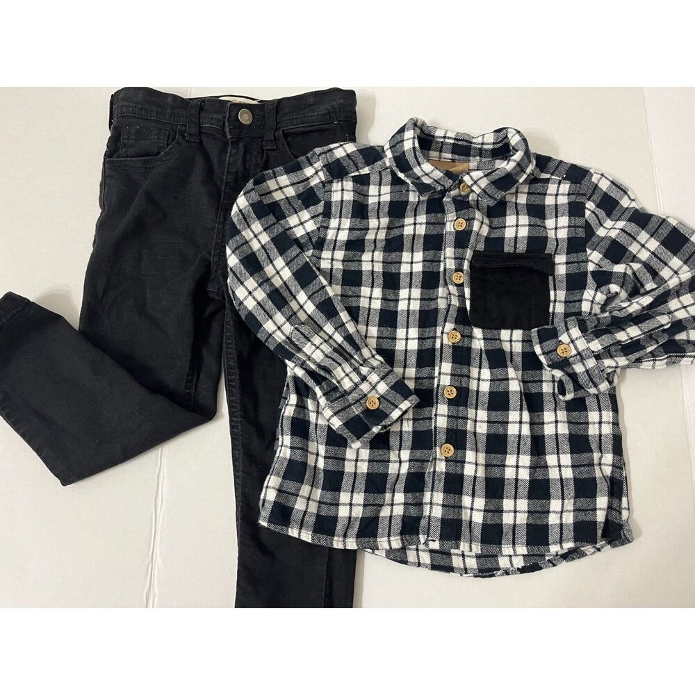 Boys Size 4/4T Outfit Brooklyn Boys Plaid Shirt Copper Denim Black Jeans